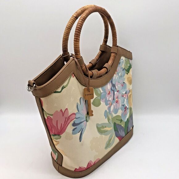 Fossil Hibiscus Boat Double Bamboo Handle  Bag Floral Purse 75082 Key Charm - Picture 4 of 11